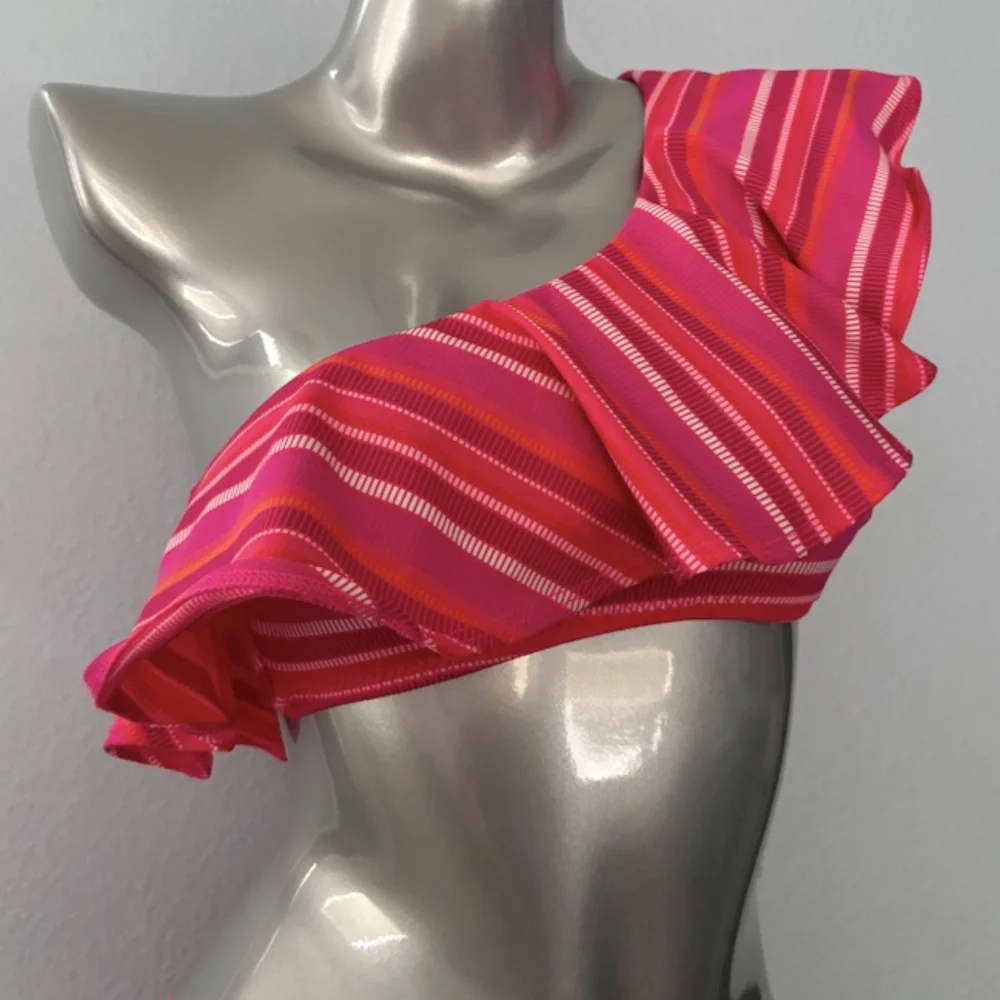 Trina Turk Pink & Orange One-Shoulder Ruffle Stripe Bikini - Picture 5 of 9